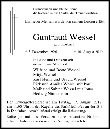 Traueranzeige von Guntraud Wessel von Tageszeitung