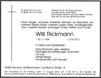 Traueranzeige von Willi Rickmann von Tageszeitung