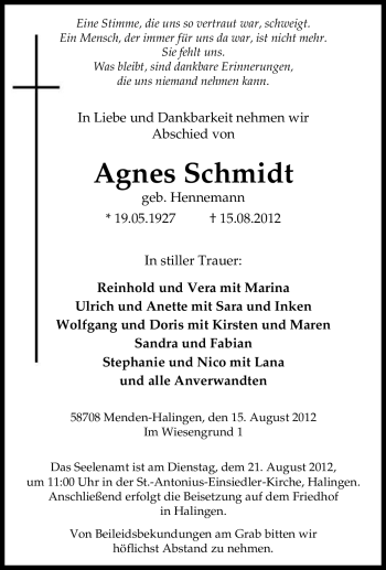 Traueranzeige von Agnes Schmidt von Tageszeitung