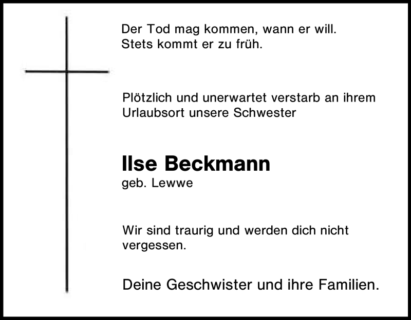  Traueranzeige für Ilse Beckmann vom 18.08.2012 aus Tageszeitung