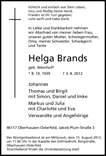 Traueranzeige von Helga Brands von Tageszeitung