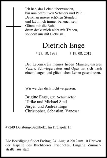 Traueranzeige von Dietrich Enge von Tageszeitung
