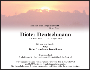 Traueranzeige von Dieter Deutschmann von Tageszeitung