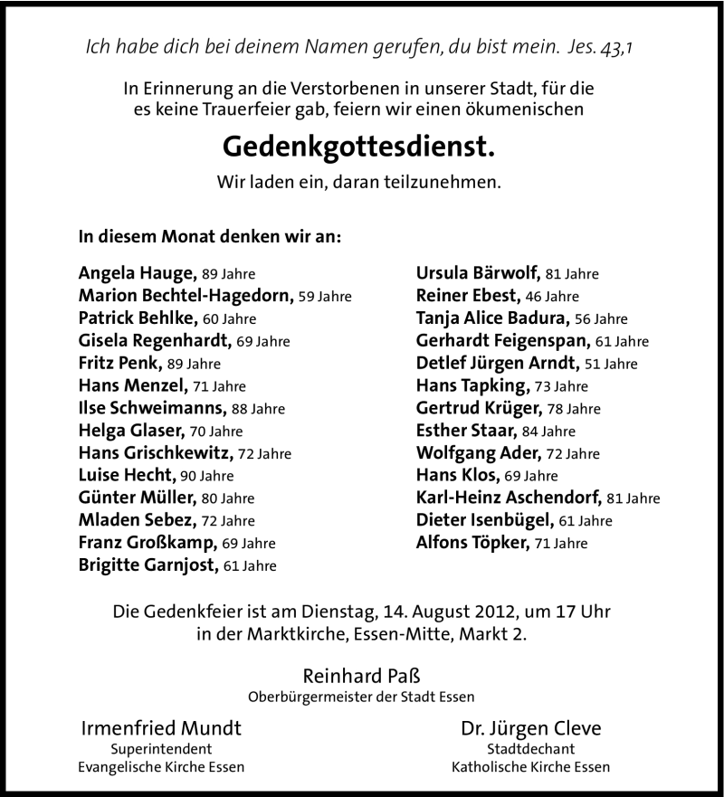  Traueranzeige für Esther Staar vom 11.08.2012 aus Tageszeitung