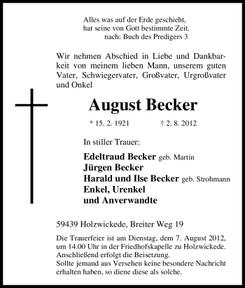 Traueranzeige von August Becker von Tageszeitung