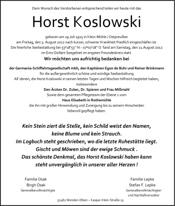 Traueranzeige von Horst Koslowski von Tageszeitung
