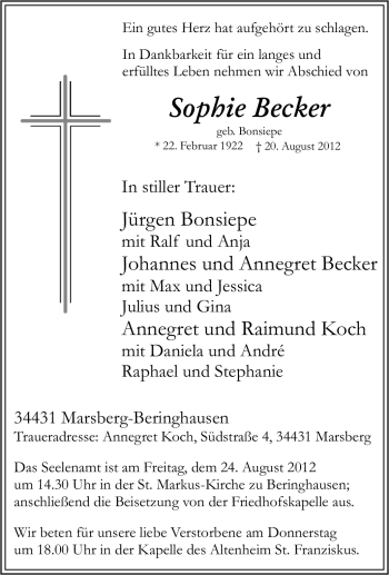 Traueranzeige von Sophie Becker von Tageszeitung
