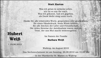 Traueranzeige von Hubert Weiß von Tageszeitung