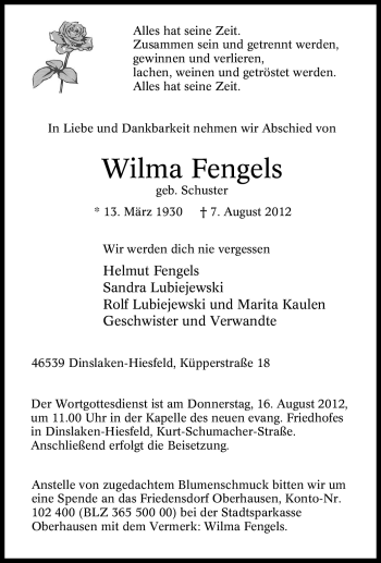 Traueranzeige von Wilma Fengels von Tageszeitung