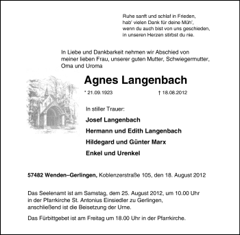 Traueranzeige von Agnes Langenbach von Tageszeitung