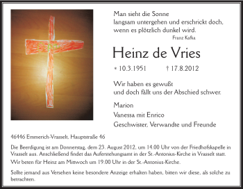 Traueranzeige von Heinz de Vries von Tageszeitung