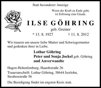 Traueranzeige von ILSE GÖHRING von Tageszeitung