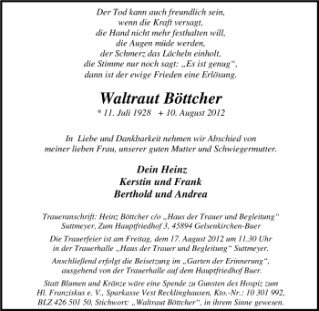 Traueranzeige von Waltraut Böttcher von Tageszeitung