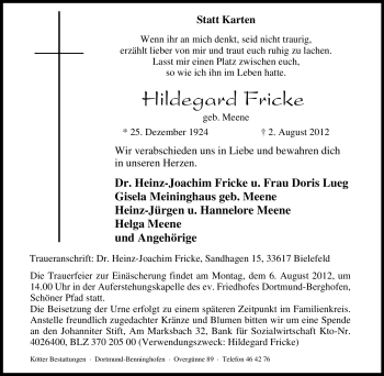 Traueranzeige von Hildegard Fricke von Tageszeitung