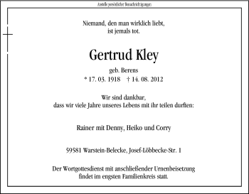 Traueranzeige von Gertrud Kley von Tageszeitung
