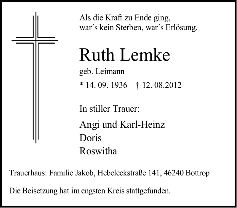 Traueranzeigen von Ruth Lemke | Trauer-in-NRW.de