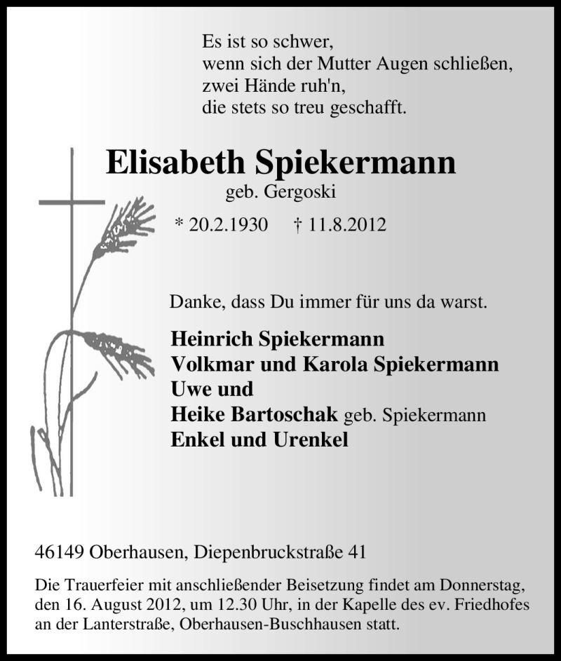  Traueranzeige für Elisabeth Spiekermann vom 14.08.2012 aus Tageszeitung