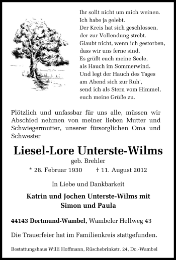 Traueranzeige von Liesel-Lore Unterste-Wilms von Tageszeitung