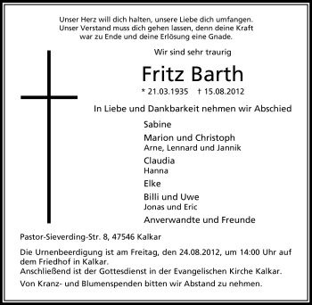 Traueranzeige von Fritz Barth von Tageszeitung