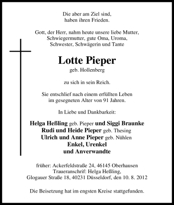 Traueranzeige von Lotte Pieper von Tageszeitung