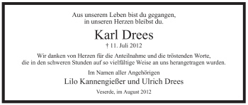 Traueranzeige von Karl Drees von Tageszeitung