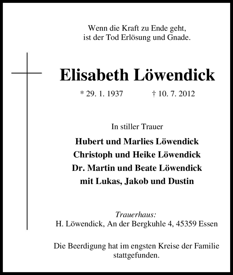  Traueranzeige für Elisabeth Löwendick vom 11.08.2012 aus Tageszeitung