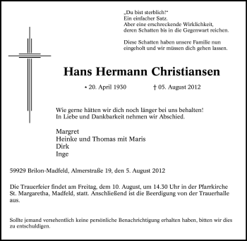 Traueranzeige von Hans Hermann Christiansen von Tageszeitung