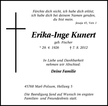 Traueranzeige von Erika-Inge Kunert von Tageszeitung
