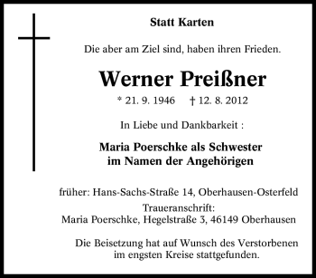 Traueranzeige von Werner Preißner von Tageszeitung