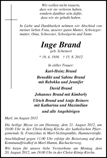 Traueranzeige von Inge Brand von Tageszeitung