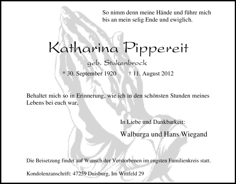  Traueranzeige für Katharina Pippereit vom 15.08.2012 aus Tageszeitung