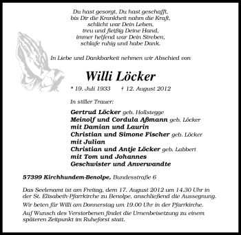 Traueranzeige von Willi Löcker von Tageszeitung