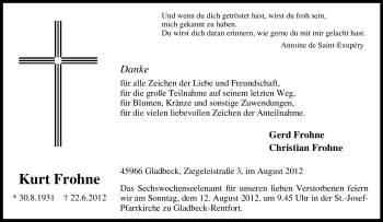 Traueranzeige von Kurt Frohne von Tageszeitung