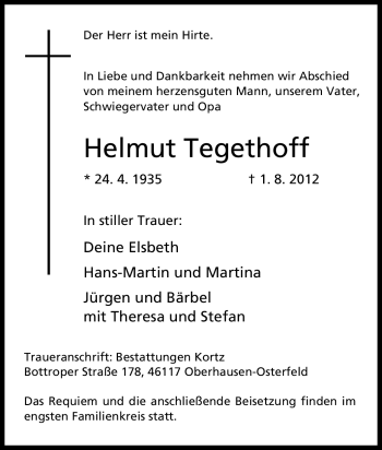 Traueranzeige von Helmut Tegethoff von Tageszeitung