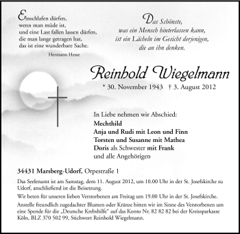 Traueranzeige von Reinhold Wiegelmann von Tageszeitung