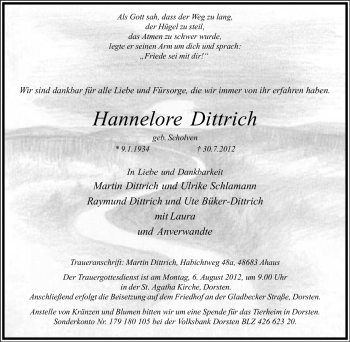 Traueranzeige von Hannelore Dittrich von Tageszeitung