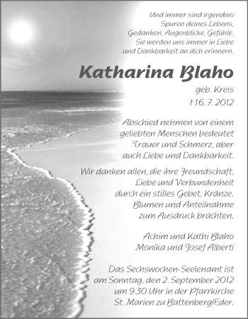 Traueranzeige von Katharina Blaho von Tageszeitung