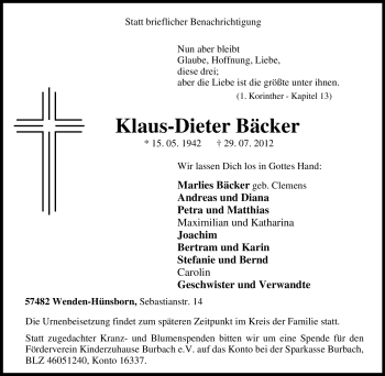 Traueranzeige von Klaus-Dieter Bäcker von Tageszeitung