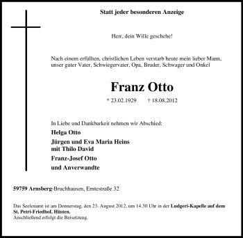 Traueranzeige von Franz Otto von Tageszeitung