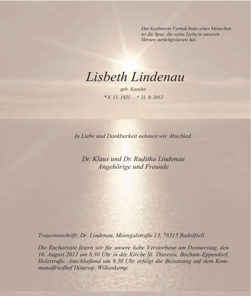  Traueranzeige für Lisbeth Lindenau vom 14.08.2012 aus Tageszeitung