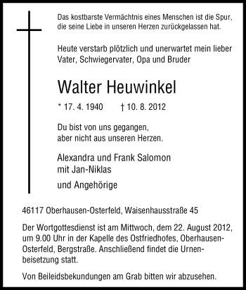 Traueranzeige von Walter Heuwinkel von Tageszeitung
