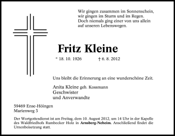 Traueranzeige von Fritz Kleine von Tageszeitung
