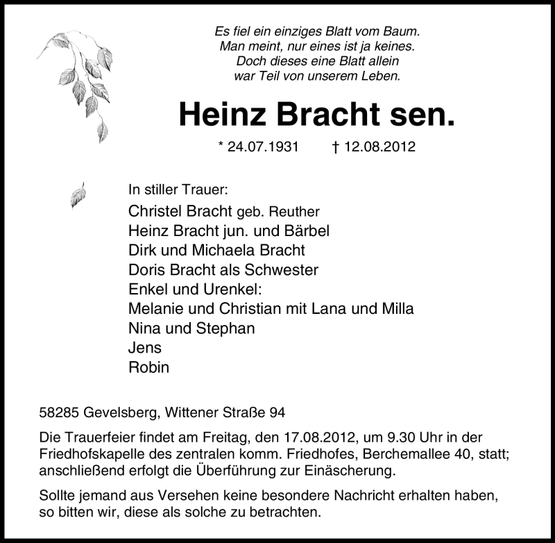  Traueranzeige für Heinz Bracht sen. vom 14.08.2012 aus Tageszeitung