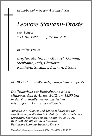 Traueranzeige von Leonore Stemann-Droste von Tageszeitung