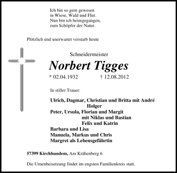 Traueranzeige von Norbert Tigges von Tageszeitung