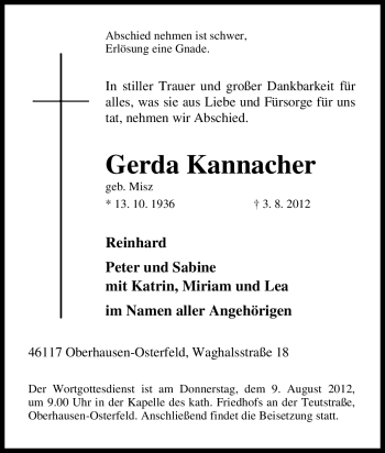 Traueranzeige von Gerda Kannacher von Tageszeitung