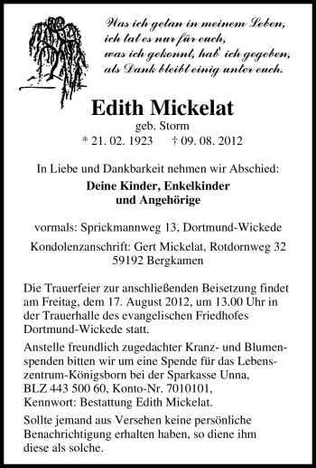 Traueranzeige von Edith Mickelat von Tageszeitung