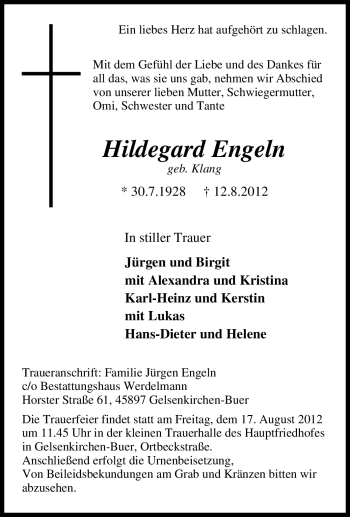 Traueranzeige von Hildegard Engeln von Tageszeitung