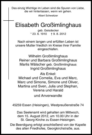 Traueranzeige von Elisabeth Großimlinghaus von Tageszeitung