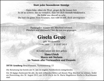 Traueranzeige von Gisela Geue von Tageszeitung